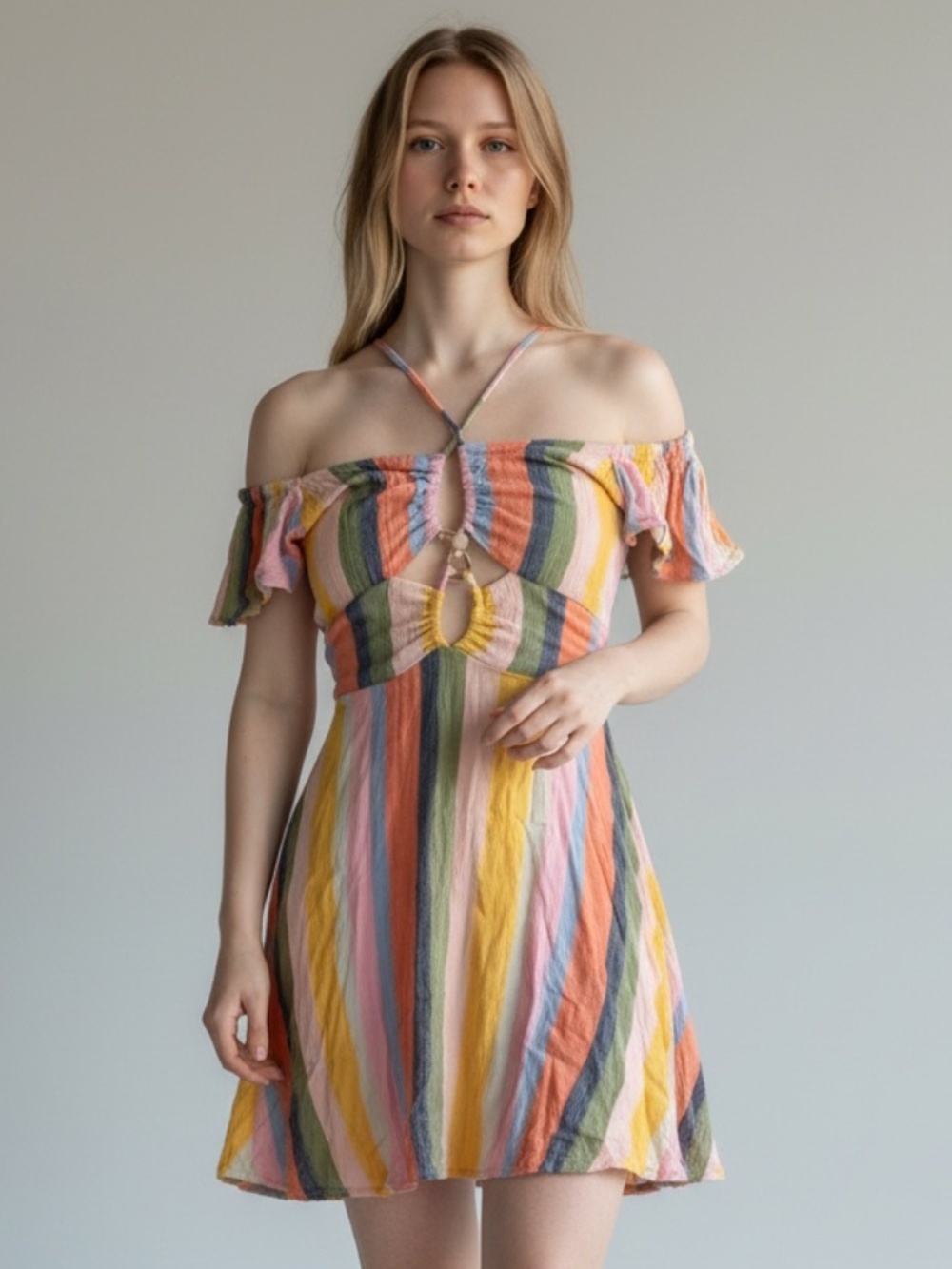 Angie Multicolor Striped Off-The-Shoulder Cutout Mini Dress Boho Pastel Sz Large